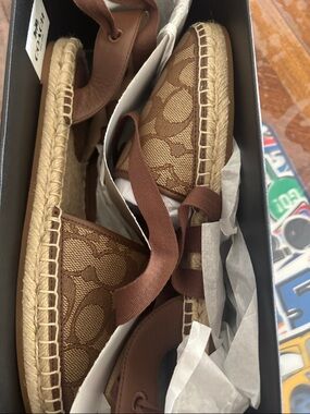 Coach Brown Signature Canvas Espadrilles with Ribbon Ties